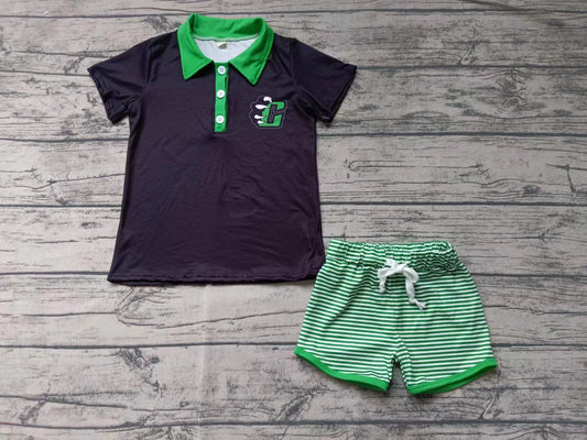 custom moq 5 eta 4-6weeks summer baby boys clothes team black short sleeve green shorts set