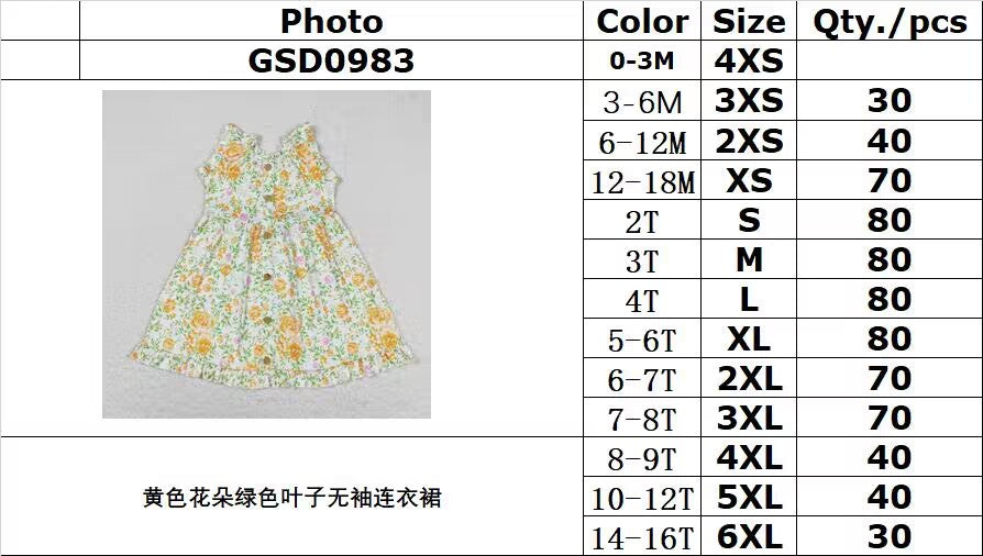 RTS no moq GSD0983 Sleeveless dress with yellow flowers and green leaves