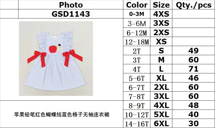 RTS no moq GSD1143 Apple pencil red bow blue plaid sleeveless dress