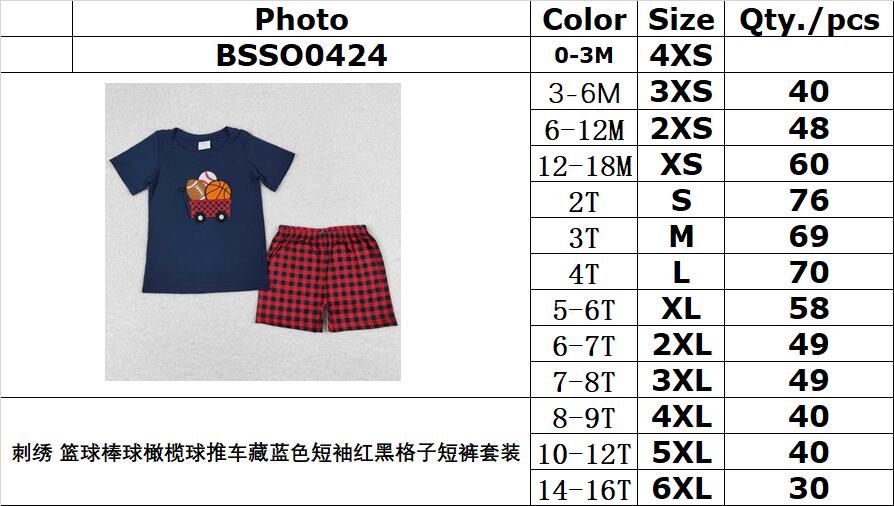 BSSO0424 Embroidery Basketball Baseball Football Cart Navy Blue Short Sleeve Red and Black Plaid Shorts Suit