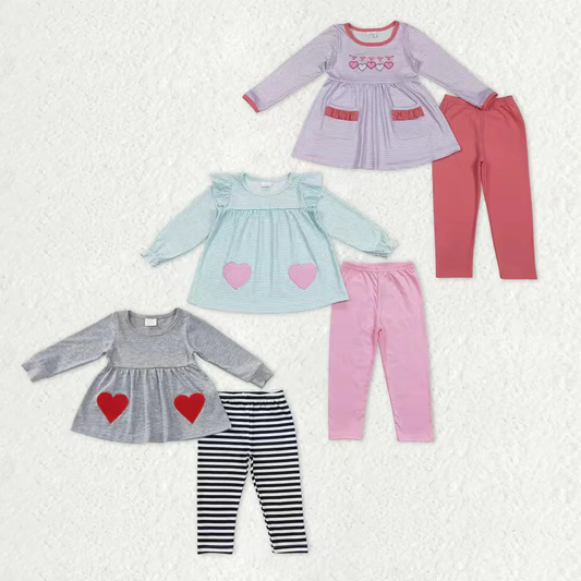 RTS NO MOQ Sibling Baby girl clothes valentine embroidery love long-sleeved trousers suits