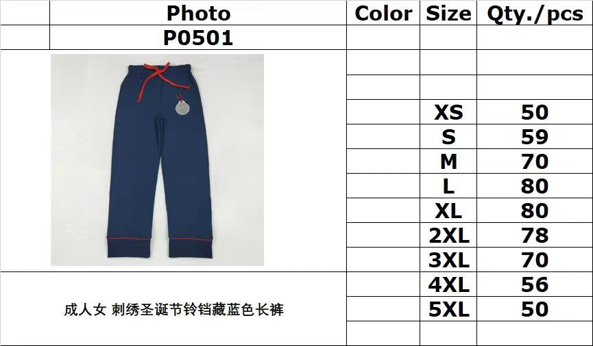 RTS NO MOQ ETA 5/7days arrived P0501 Adult female embroidered Christmas bell navy blue trousers