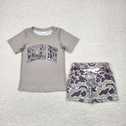 RTS NO MOQ BT1186+SS0454 mama's boy lettered gray-green short-sleeved top camouflage shorts sets