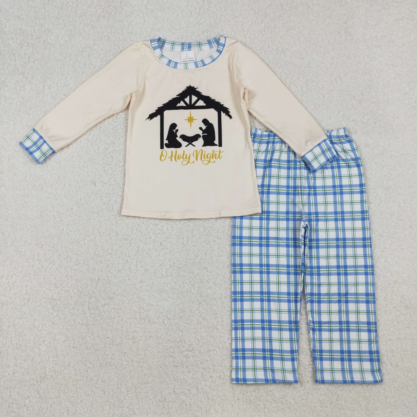 RTS NO MOQ（In Stock) 12/18m-7/8t BLP1100 Holy Night Jesus Beige Long-Sleeved Blue Plaid Pants