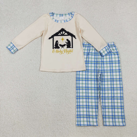 RTS NO MOQ（In Stock) 12/18m-7/8t BLP1100 Holy Night Jesus Beige Long-Sleeved Blue Plaid Pants