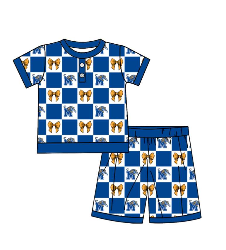 Custom moq 5 mix size milk silk summer teams baby boys clothes bow blue short sleeve shorts sets\