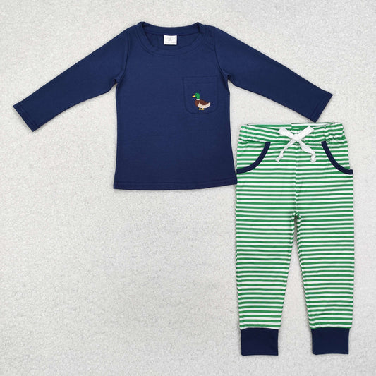 RTS NO MOQ ETA 5/7days Arrived BLP0795 Embroidered duck pocket navy blue long-sleeved green striped trousers set