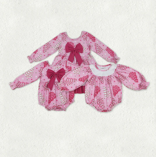 RTS NO MOQ Sibling baby girl clothes Christmas trees long sleeve dress and rompers