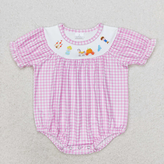 RTS no moq SR1692 Castle and Cartoon pumpkin car pink and white plaid short-sleeved jumpsuit