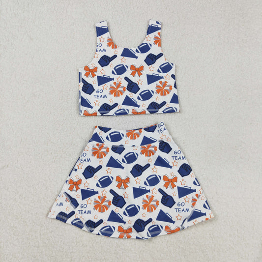 RTS NO MOQ（In Stock) GSD2694 GO TEAM Blue Hand Signal Trumpet Star Bow Pattern Sleeveless Skirt Yoga Set