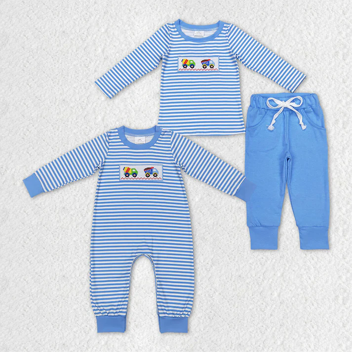 RTS NO MOQ Baby Boys Embroidered Truck Pattern Blue Striped Long Sleeve Trousers Set & Romper