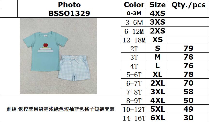 RTS NO MOQ BSSO1329 Embroidery Back to School Apple Pencil Light Green Short Sleeve Blue Plaid Shorts Set