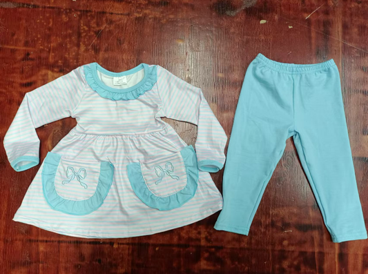 Custom moq 3 eta 6-7weeks  Light blue striped pocket long-sleeved top - pure blue trousers set