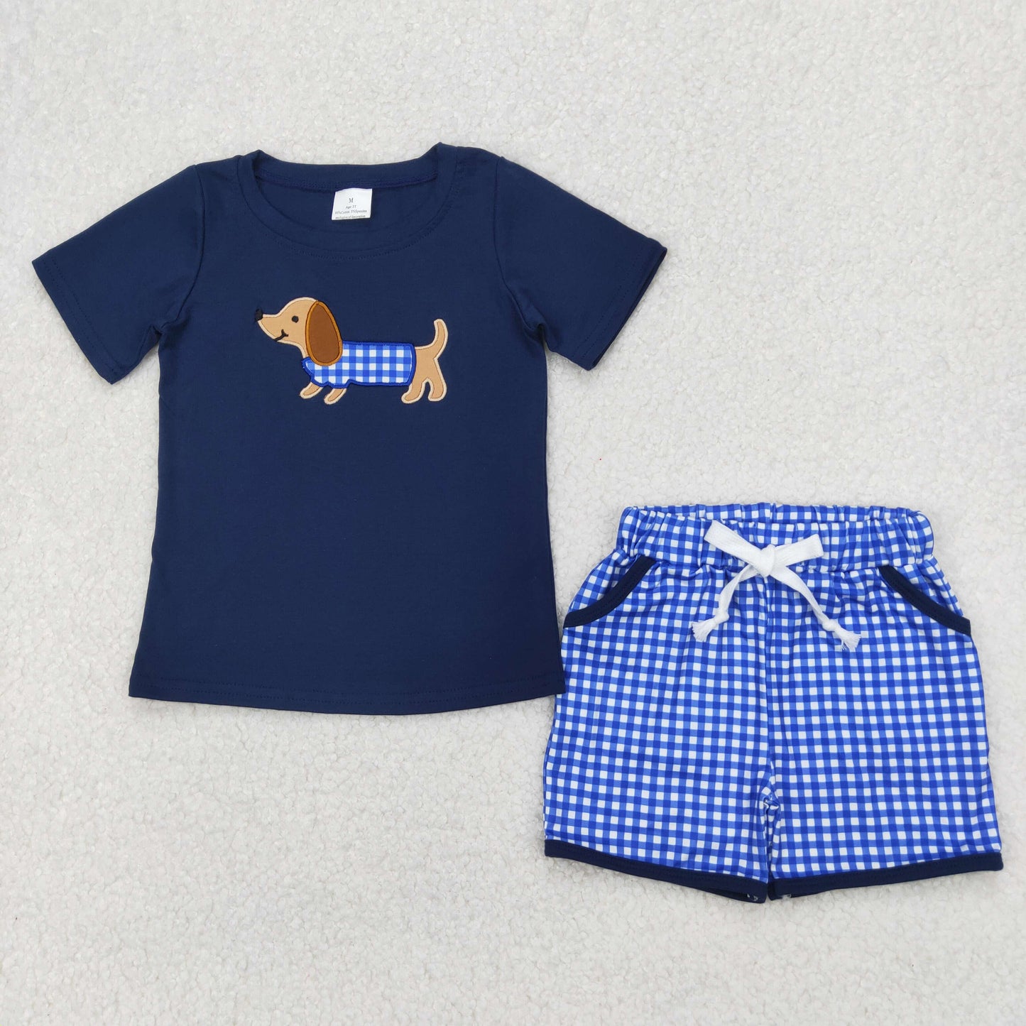 RTS NO MOQ ETA 5/7days Arrived BSSO1227 Embroidered puppy navy blue short-sleeved plaid shorts set