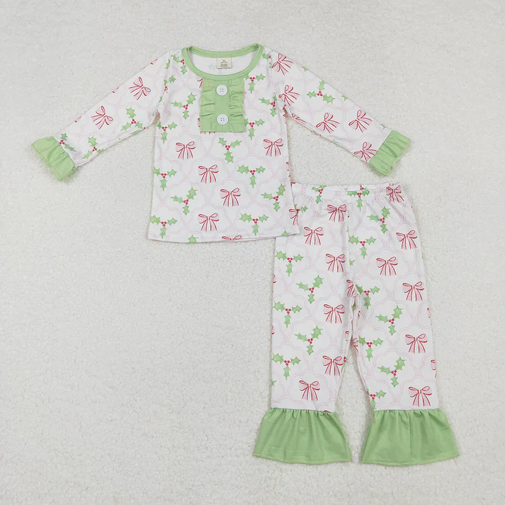 RTS NO MOQ Mommy Baby Girls Christmas Bows Holly Pajamas Clothes Sets