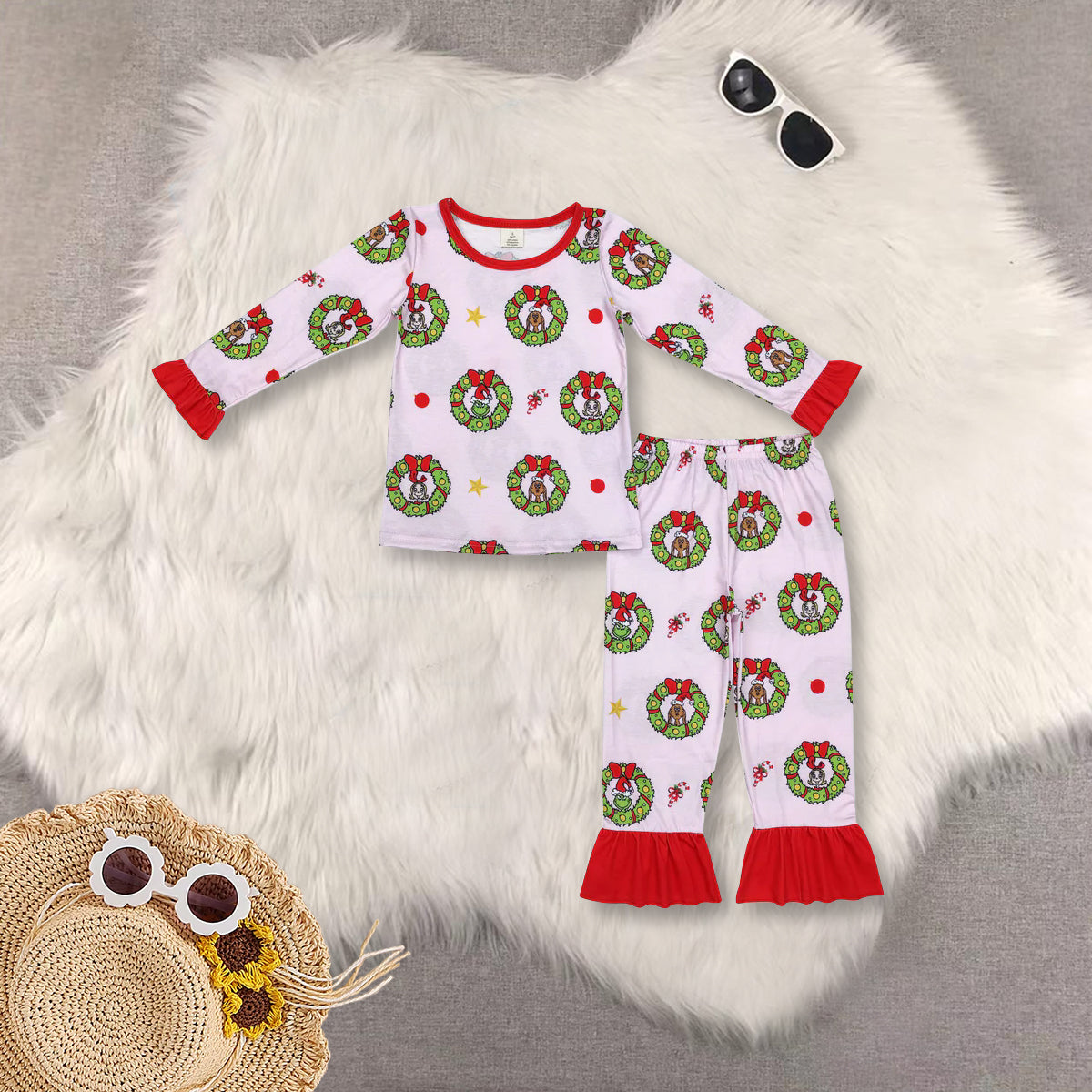 RTS NO MOQ baby girl clothes bamboo Christmas long sleeve Clothes Sets