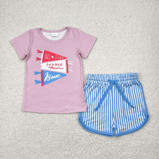 RTS NO MOQ GSSO2288 brave pink short sleeve blue striped shorts set