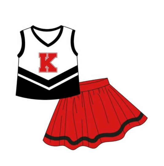 Deadline September 16 custom no moq eta 6-8weeks  Black Letter Sleeveless Top-Red Cheerleading Skirt Set