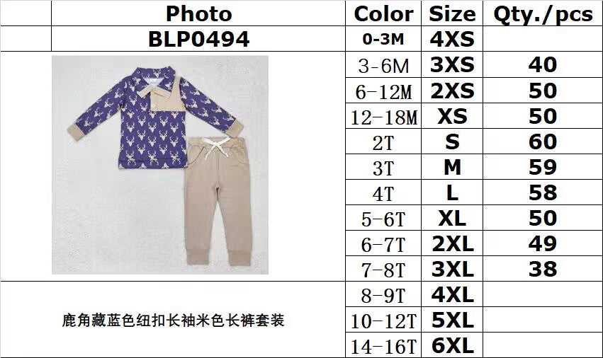 rts no moq BLP0494 Deer horn navy blue button long sleeve beige trousers suit