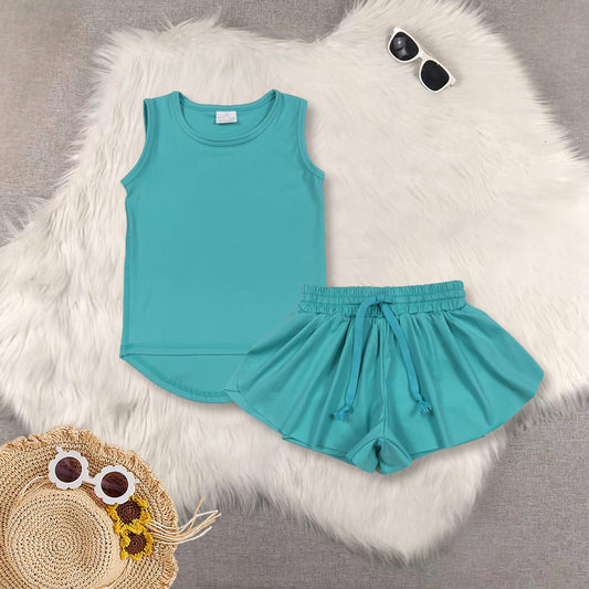 RTS NO MOQ Sibling baby girls clothes yoga Pure Mint Green sleeveless short sets and Top and shorts