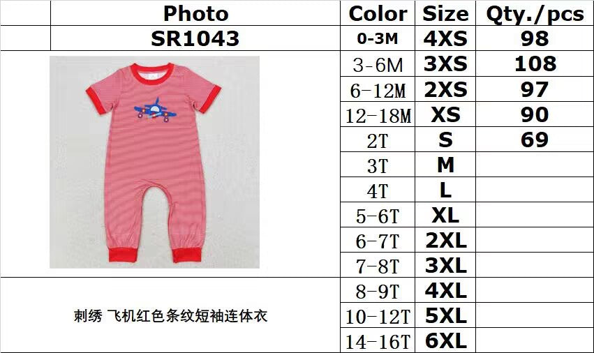 RTS no moq SR1043 Embroidered airplane red striped short-sleeved jumpsuit