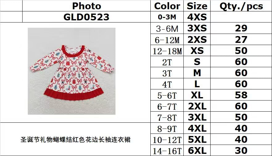 rts no moq GLD0523 Christmas gift bow red lace long-sleeved dress