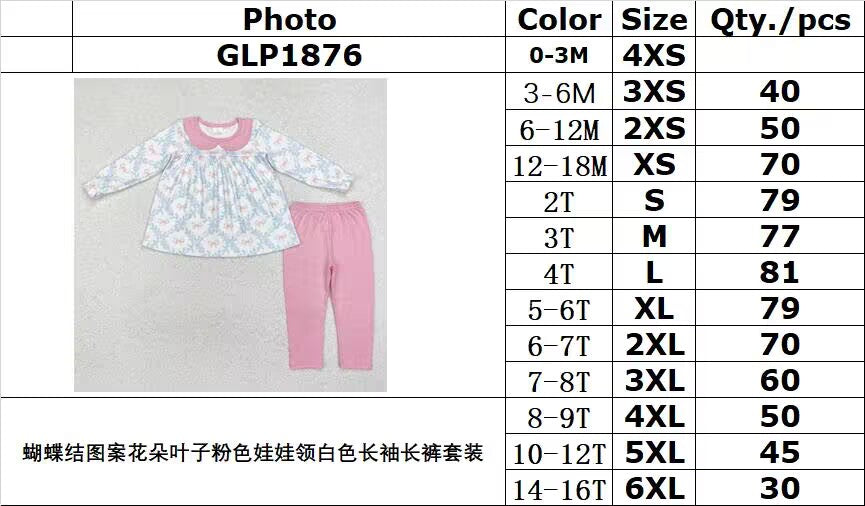 RTS NO MOQ ETA 5/7days Arrived GLP1876 Bow pattern flower leaf pink doll collar white long-sleeved trousers set