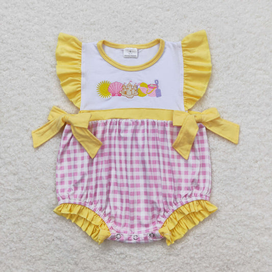 SR0701 Embroidery Shell Castle Beach Ball Pink White Plaid Yellow Lace Bow Vest Jumpsuit