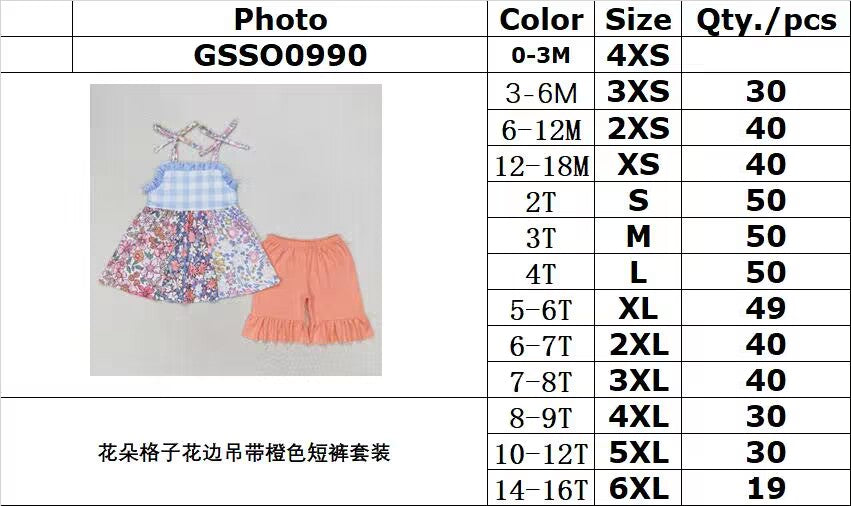 RTS no moq GSSO0990 Flower plaid lace suspenders orange shorts set