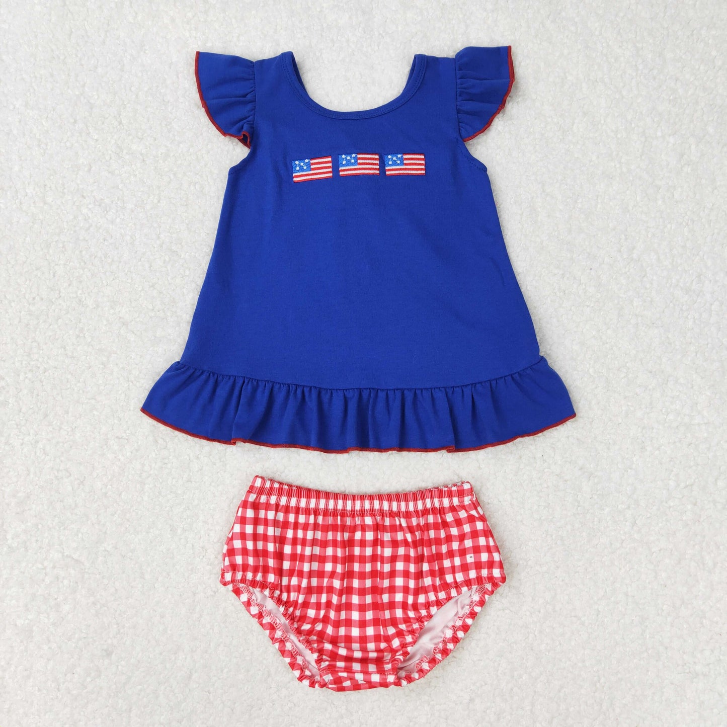 RTS no moq GBO0311 Embroidered flag bow navy blue flying sleeves red and white plaid briefs suit