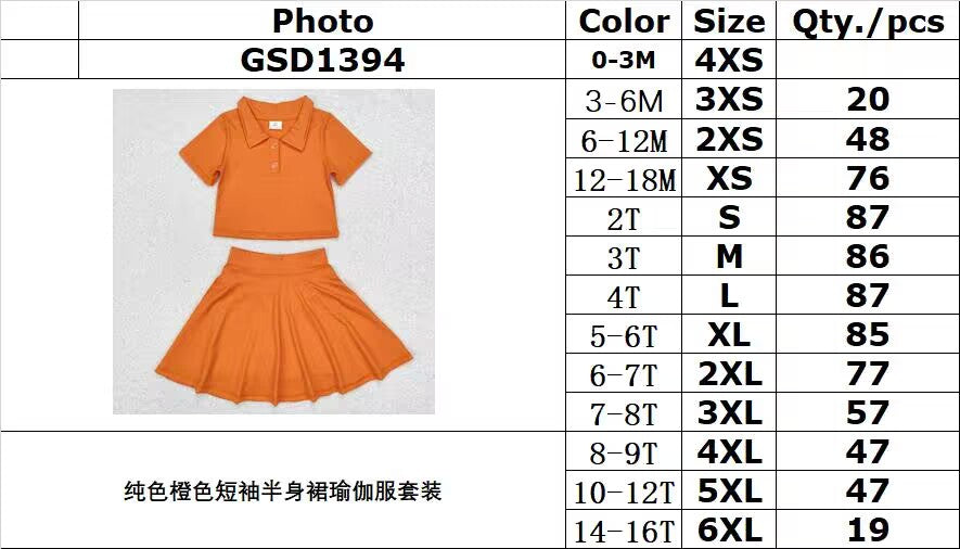 RTS NO MOQ ETA 5/7days GSD1394 Pure orange short-sleeved skirt yoga suit