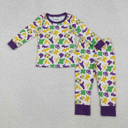 RTS NO MOQ（In Stock) 12/18m-7/8t BLP1273 Carnival Mask Camo Purple-White Long Sleeve Trouser Pajama Set