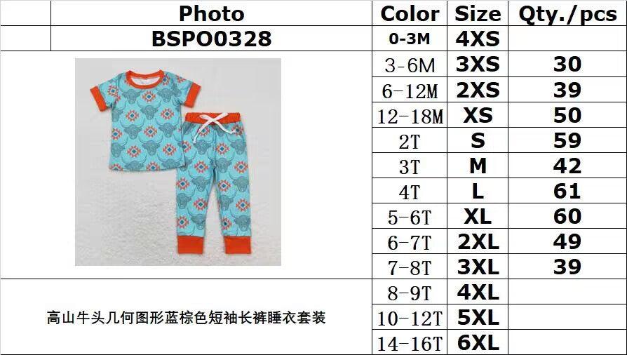 BSPO0328 Alpine cow head geometric blue and brown short-sleeved trousers pajama set