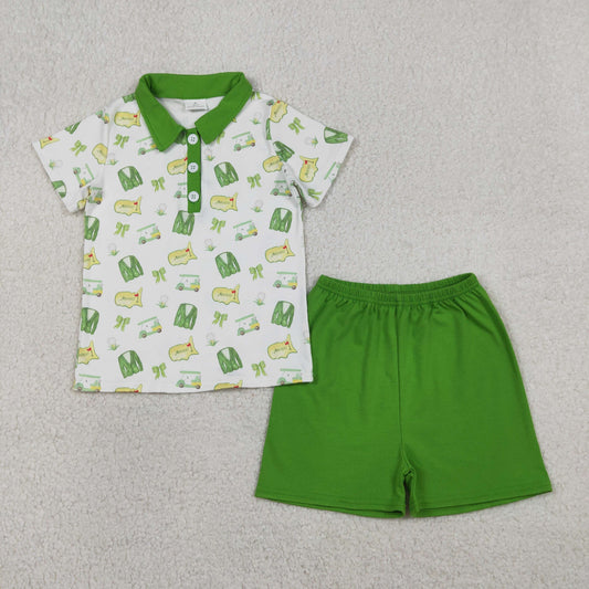 RTS NO MOQ（In Stock) BSSO1697 White short-sleeved suit with green shorts, button-down collar, and golf cart-style design.