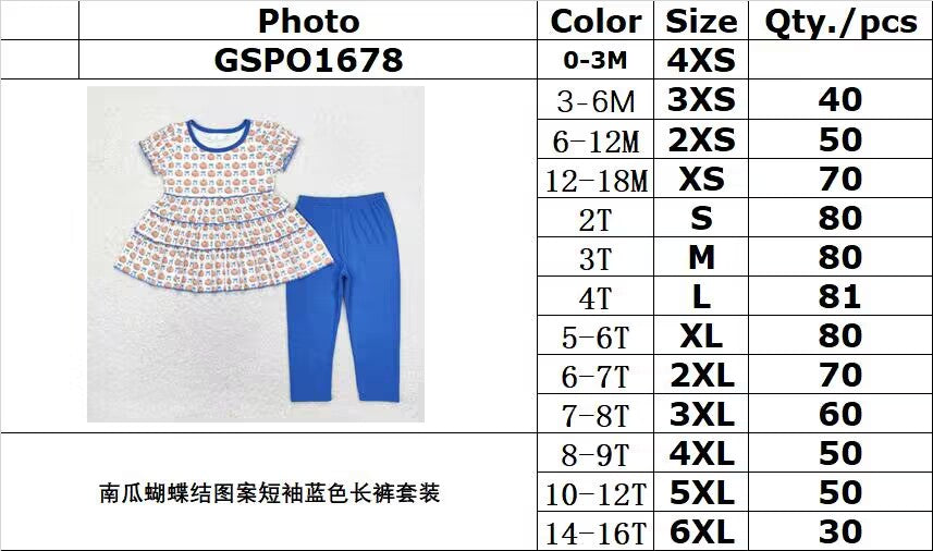 RTS no moq GSPO1678 Pumpkin Bow Pattern Short Sleeve Blue Pants Set