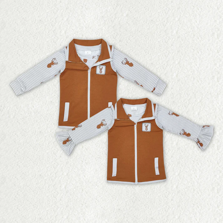 RTS NO MOQ Baby Boys and Girls Brown Elk Embroidered Sleeveless Zipper Vest + Grey Striped Long Sleeve Top Two-Piece Set