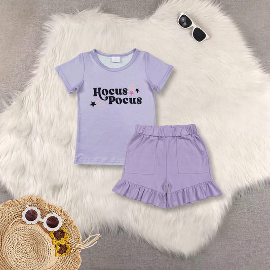 RTS NO MOQ Sibling baby girls clothes HOCUS short sleeve shorts sets and Top and shorts