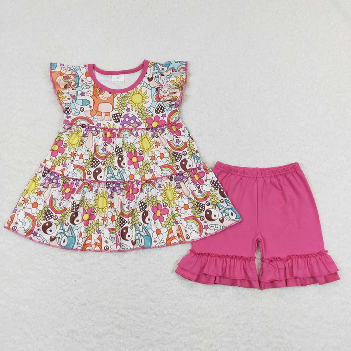 RTS NO MOQ Baby Girls Colorful Puppy Pattern Fly Sleeve Top Lace-Up Shorts Set