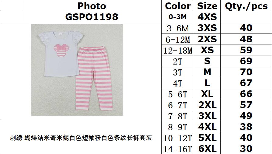 GSPO1198 Embroidered bow Mickey and Minnie white short-sleeved pink and white striped pants suit