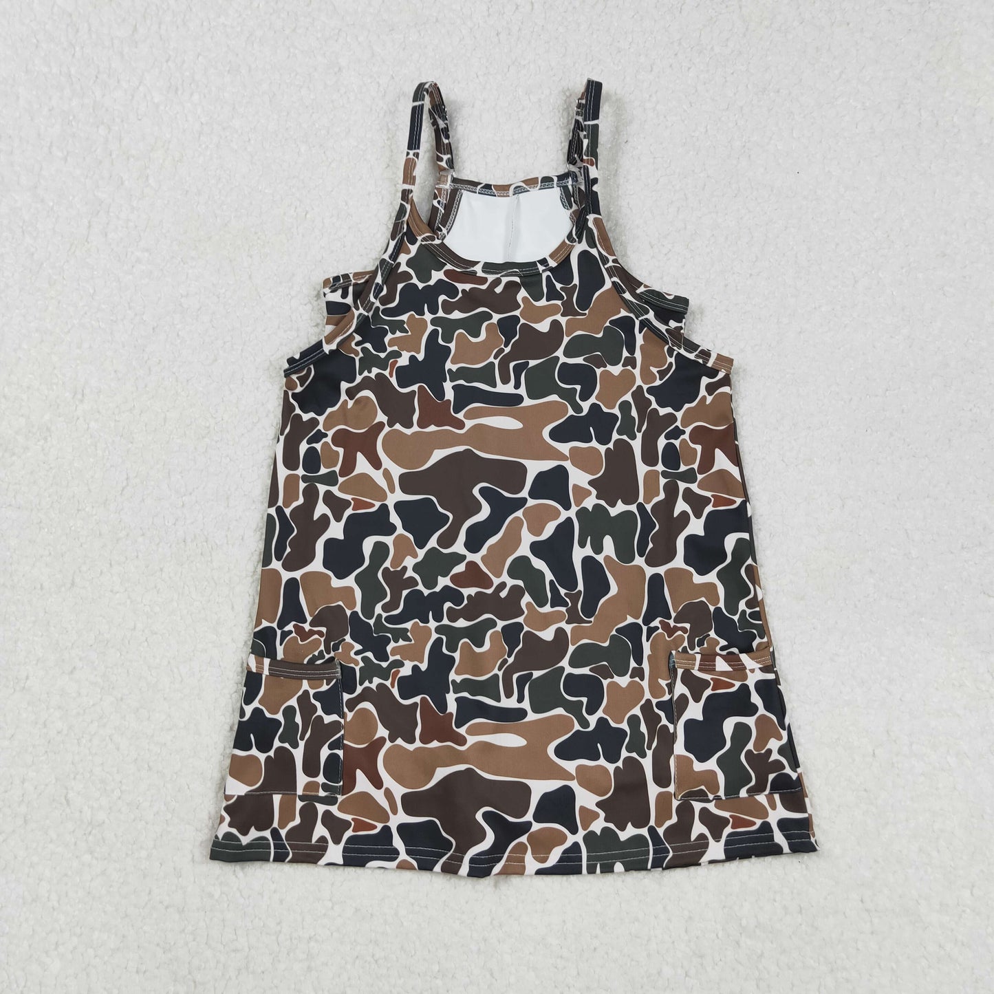 RTS NO MOQ（In Stock) GSD2721 Beige yoga slip dress with brown and green camouflage pockets