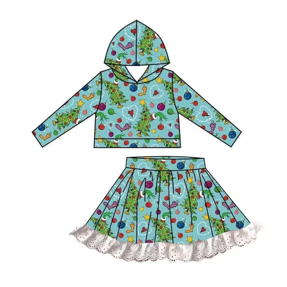 Deadline July 17 custom no moq  eta 6-7weeks ）Long Sleeve Hooded Top and Skirt Set