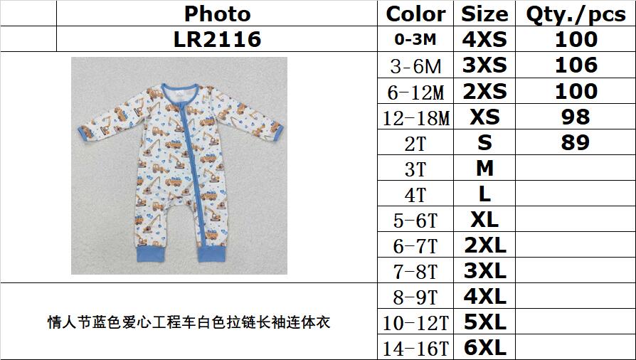 RTS NO MOQ ETA 5/7days arrived LR2116 Valentine's Day blue heart engineering car white zipper long-sleeved jumpsuit