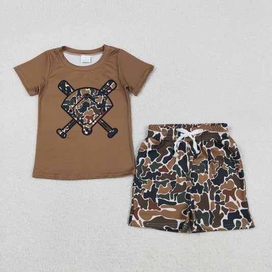 RTS NO MOQ（In Stock) BT1420+SS0732 Brown-green camouflage beige fan-shaped baseball short-sleeved shirt Boys' shorts set-BSSO1588