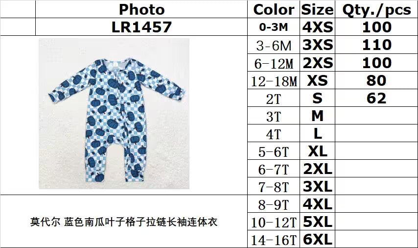 bamboo rts no moq LR1457 Modal blue pumpkin leaf plaid zipper long sleeve jumpsuit