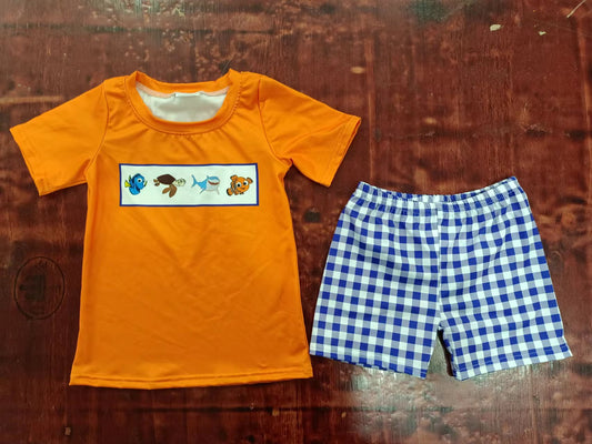 custom moq 5 eta 4-6weeks summer baby boys clothes orange short sleeve grid shorts sets