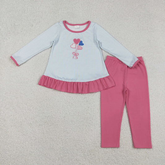 RTS NO MOQ（In Stock) Embroidered Heart, Balloon, Bow, Plaid Long-Sleeved Pants Set