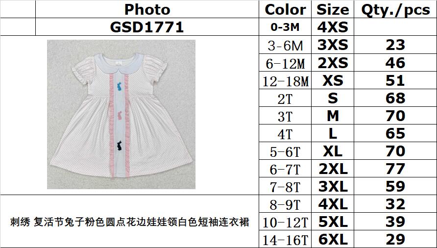 RTS NO MOQ ETA 5/7days Arrived GSD1771 Embroidered Easter bunny pink polka dot lace doll collar white short-sleeved dress