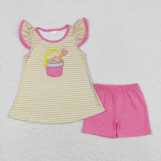 GSSO0600 Embroidery beach bucket shovel yellow striped flying sleeves pink shorts suit
