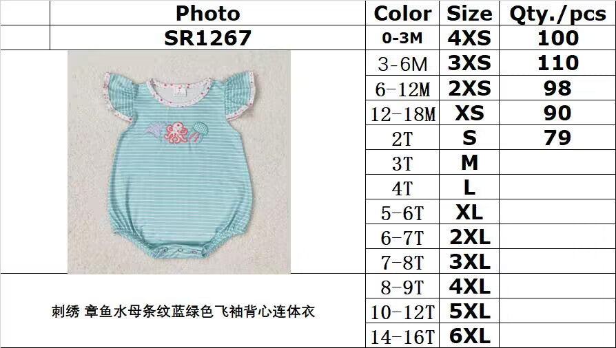 RTS no moq SR1267 Embroidered octopus and jellyfish striped teal flying sleeve vest jumpsuit