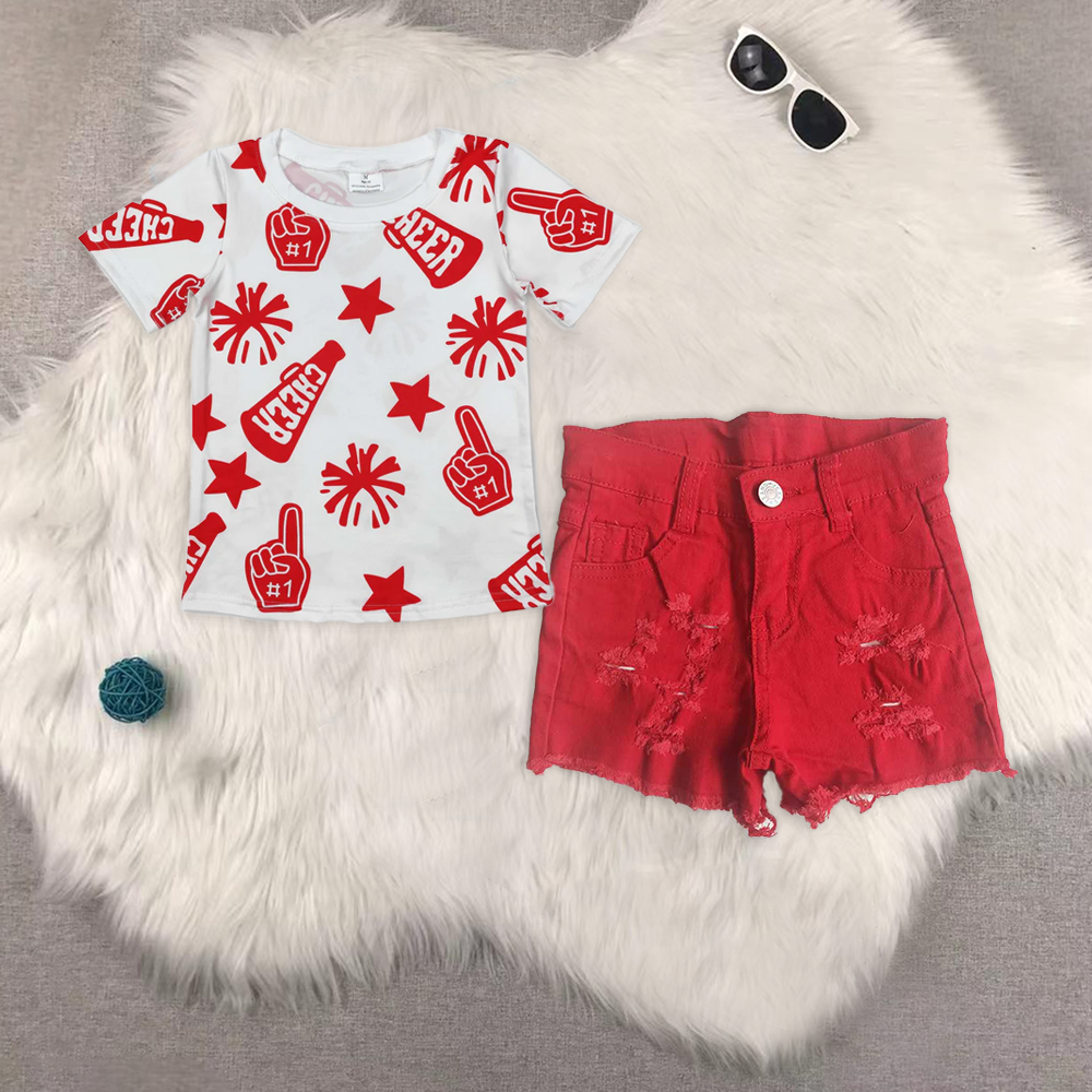 RTS NO MOQ GT0940+A9-20 Girls cheer red short-sleeved top denim shorts sets